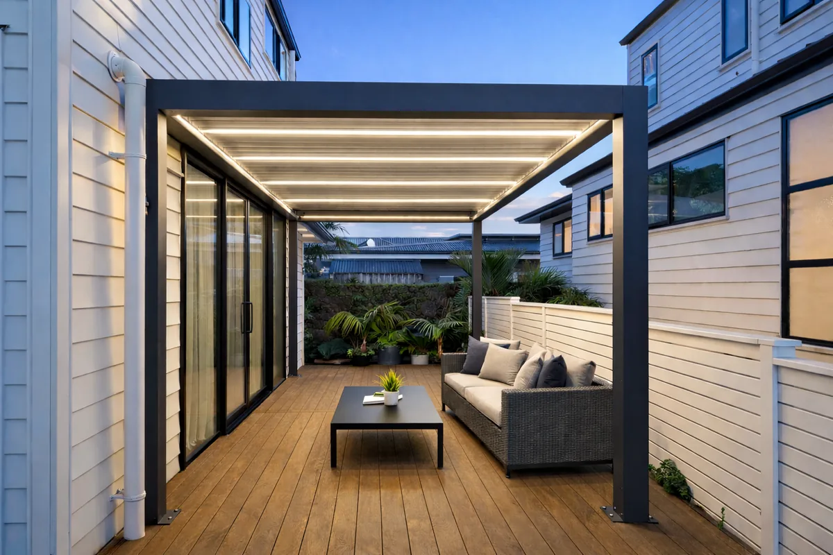 Aluminium louvre roof pergola with LED lighting over a timber deck