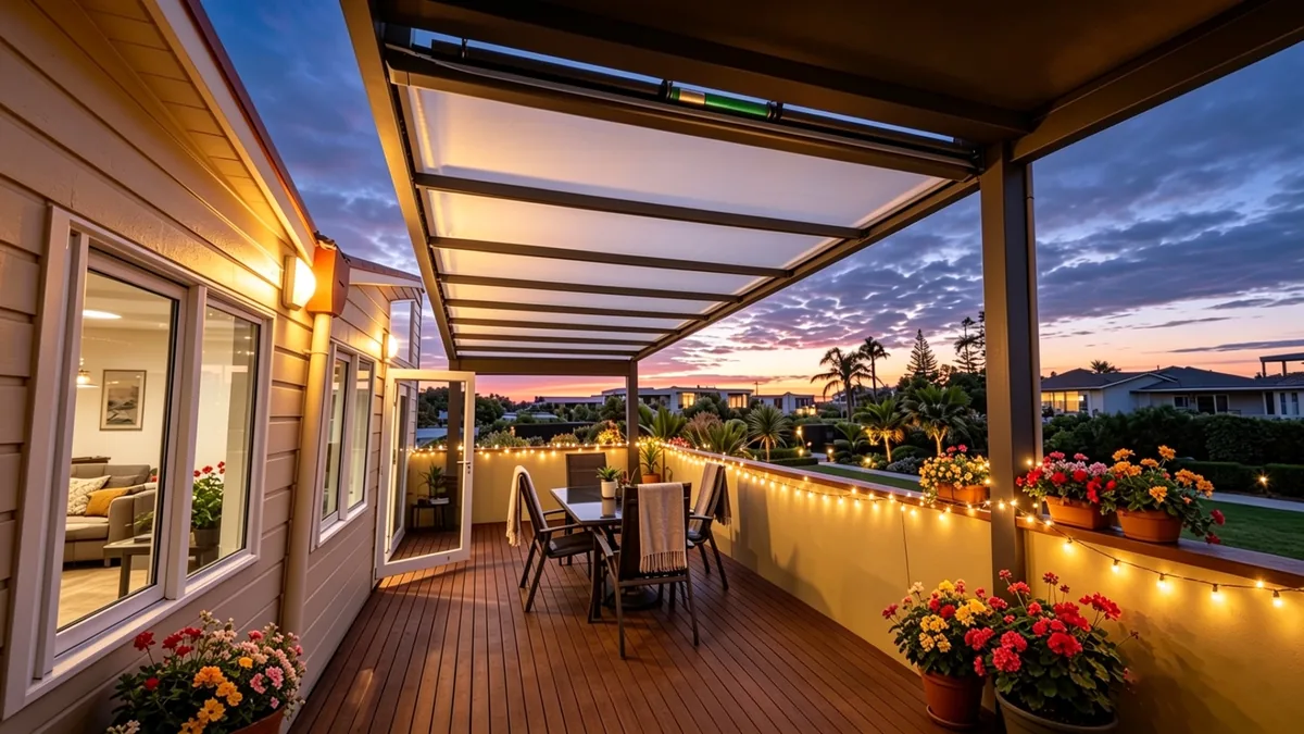 Retractable patio roof over a balcony at dusk