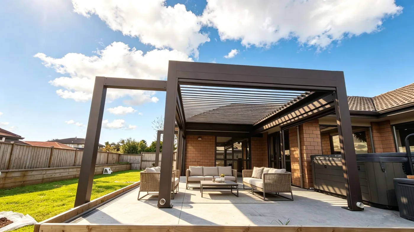 Aluminium pergola over a backyard patio lounge and spa area