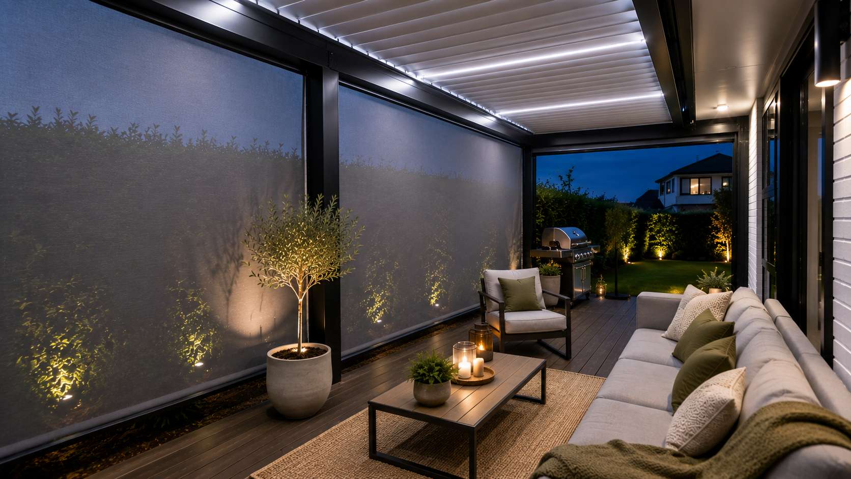 Outdoor living area under a louvre roof with ZIP screen shading