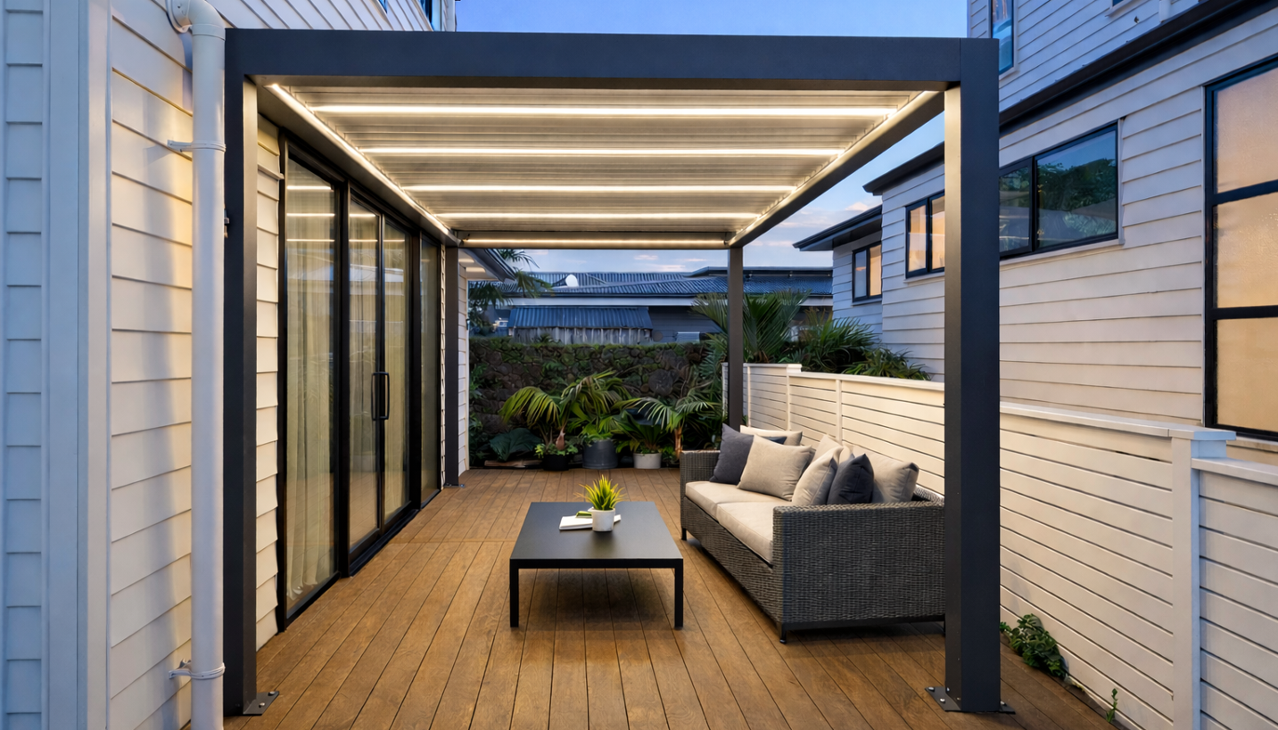 LouvreSky aluminium pergola over an outdoor living space