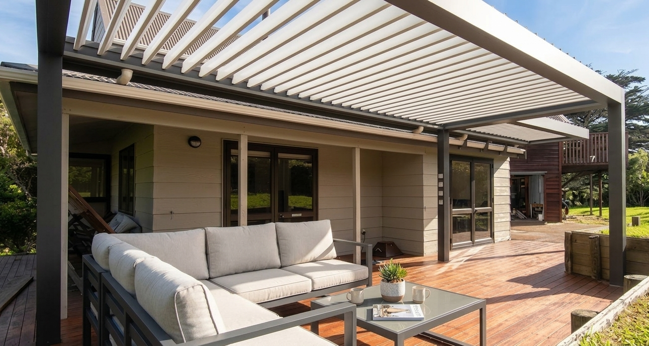Mana louvre pergola with adjustable aluminium blades