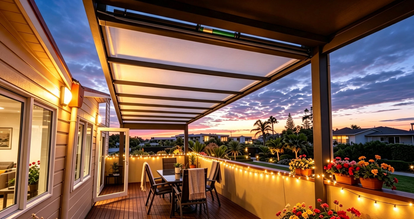 Retractable awning retracted to open sky