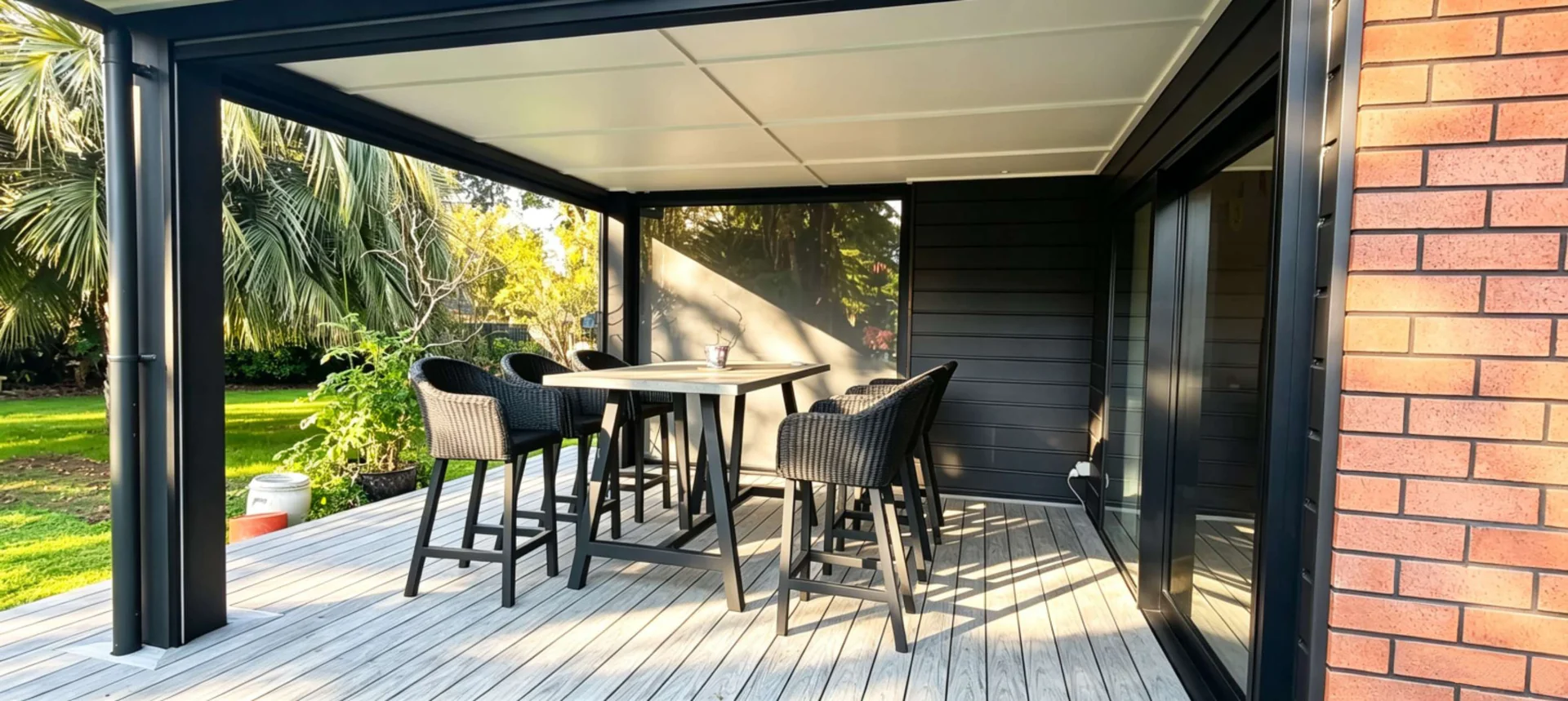 Outdoor blind lowered across the far end of a covered deck with a bar table and stools
