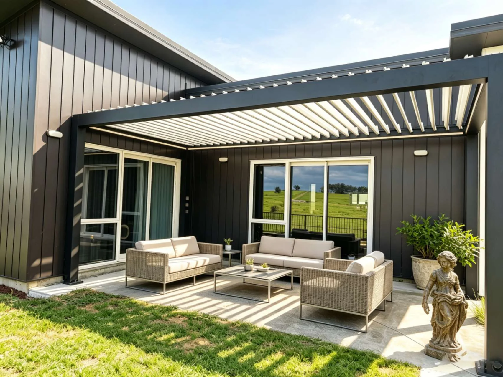 Attached louvre roof fixed to the dark cladding of a house, with the blades open over a patio lounge
