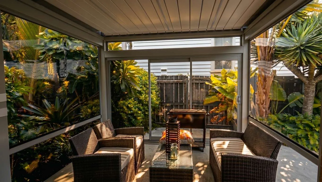 Enclosed patio under a louvre roof with clear outdoor blinds lowered on two sides and wicker seating