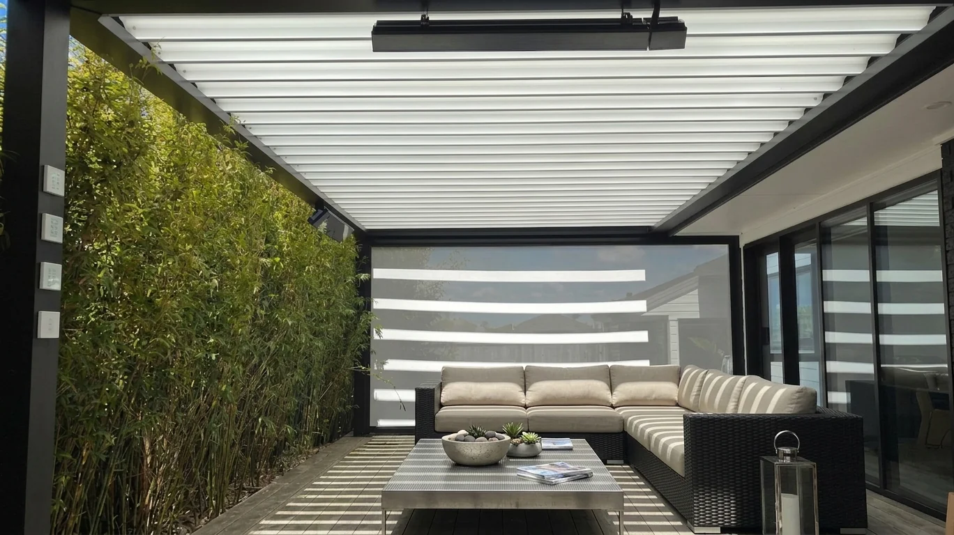 Outdoor lounge under a louvre roof, closed in at the far end, with a bamboo hedge along one side