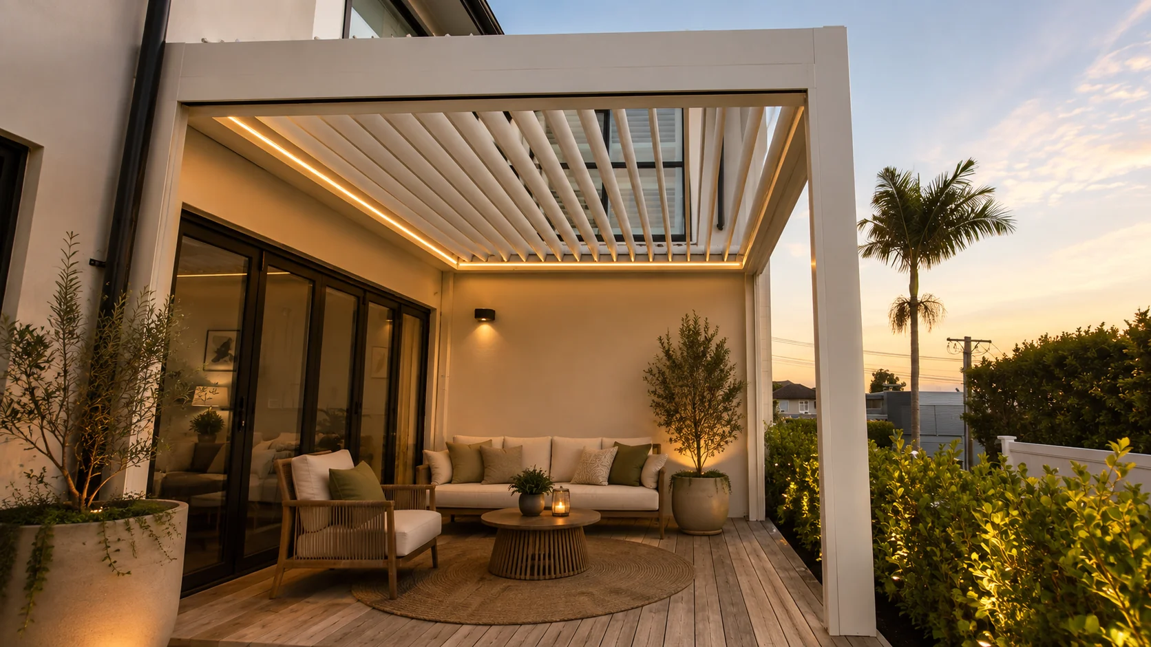 White louvre roof with its blades tilted open above a deck lounge beside the house