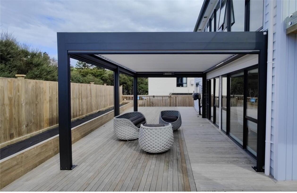 Custom pergola designed to fit a modern backyard with adjustable louvres