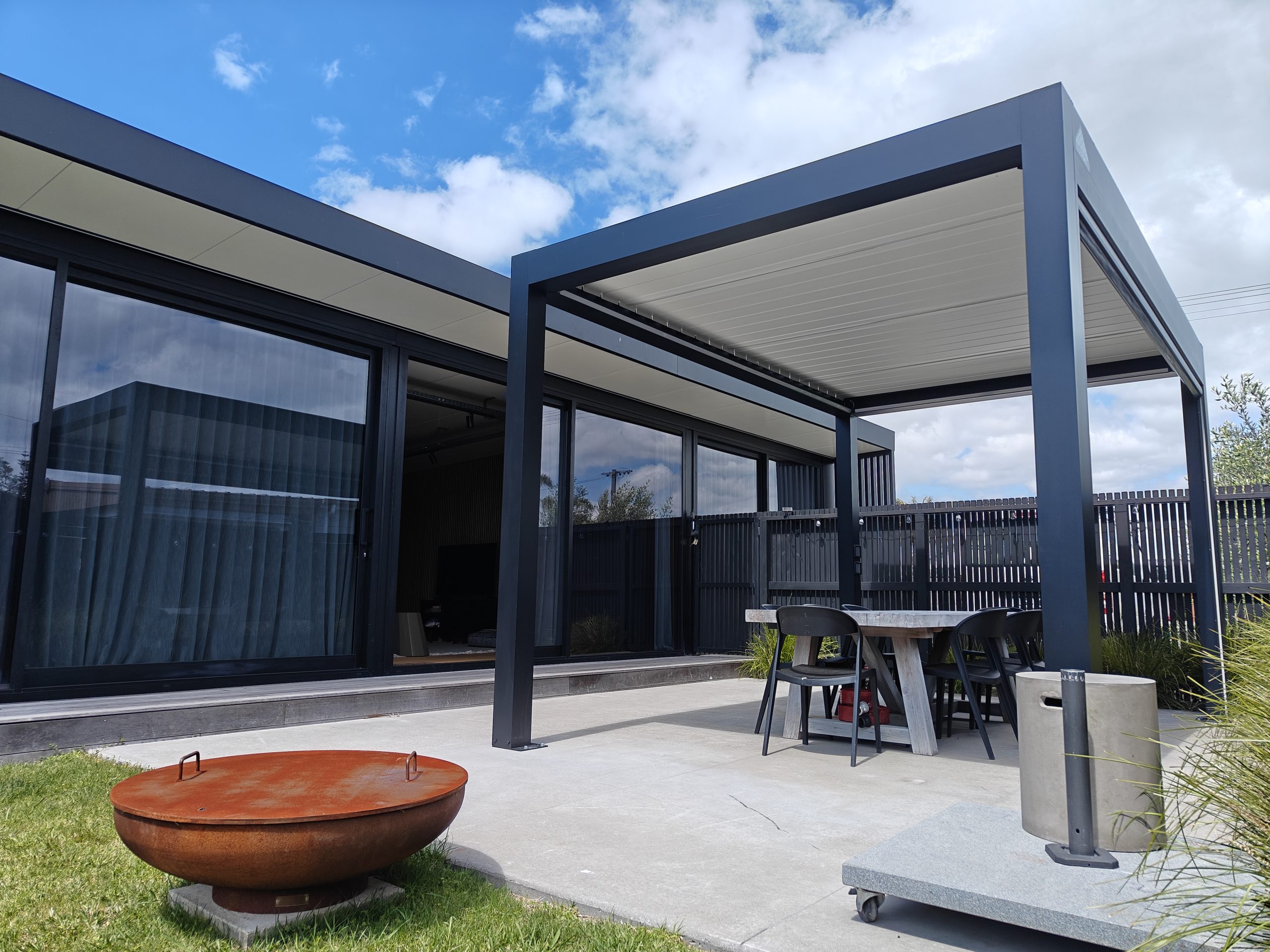 Louvre roof blades on a completed LouvreSky pergola installation